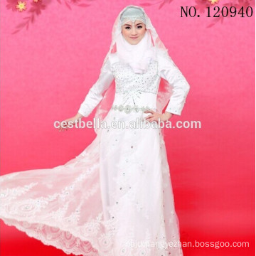 High neck lace applique long sleeve white tulle islamic muslim wedding dress